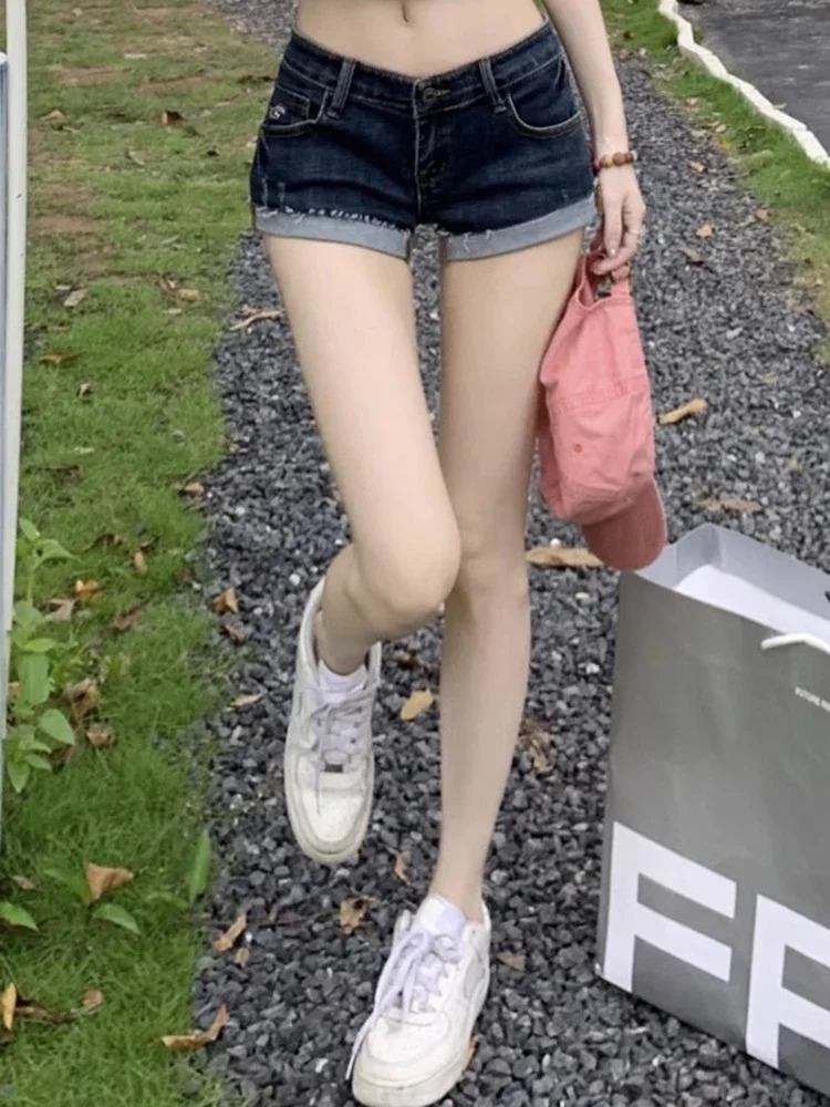 Summer Women Low Waist Denim Shorts Pants Girls Korean Slim Fit Pants Female Elastic Sexy Deep Blue Hip Wrapping Jeans 250415