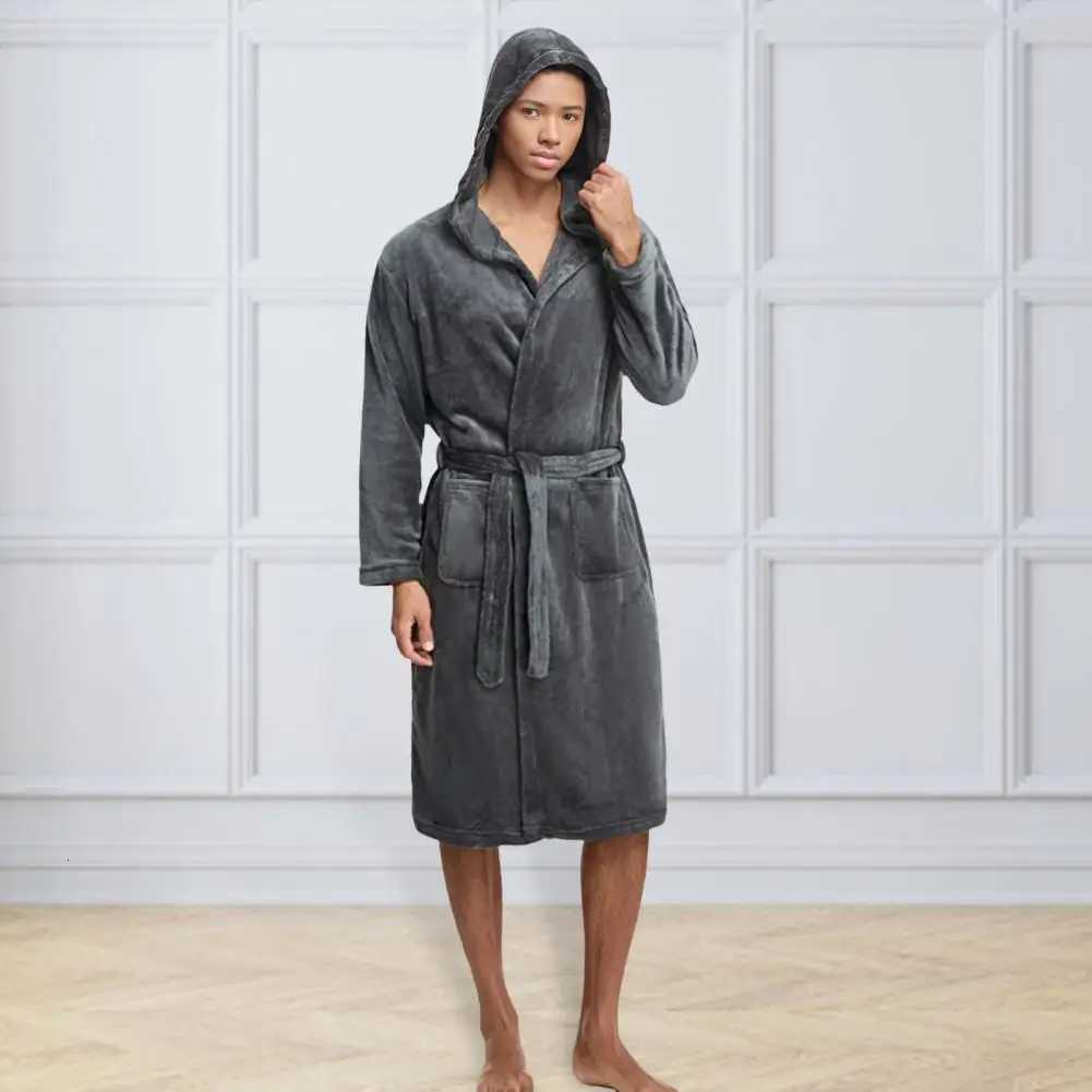 Flannel Robe with Waist Tie Mens Hooded Flannel Bathrobe with Pockets Long Sleeve Loungewear Robe for Quick-drying Comfort C251115