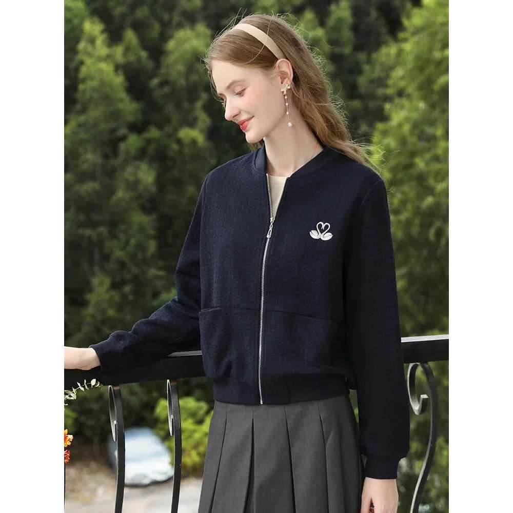 Embroidery Royal Blue Fall Clothes 2024 Women Casual Short Coat Office Lady Solid O-Neck Basics Jacket 2244185831