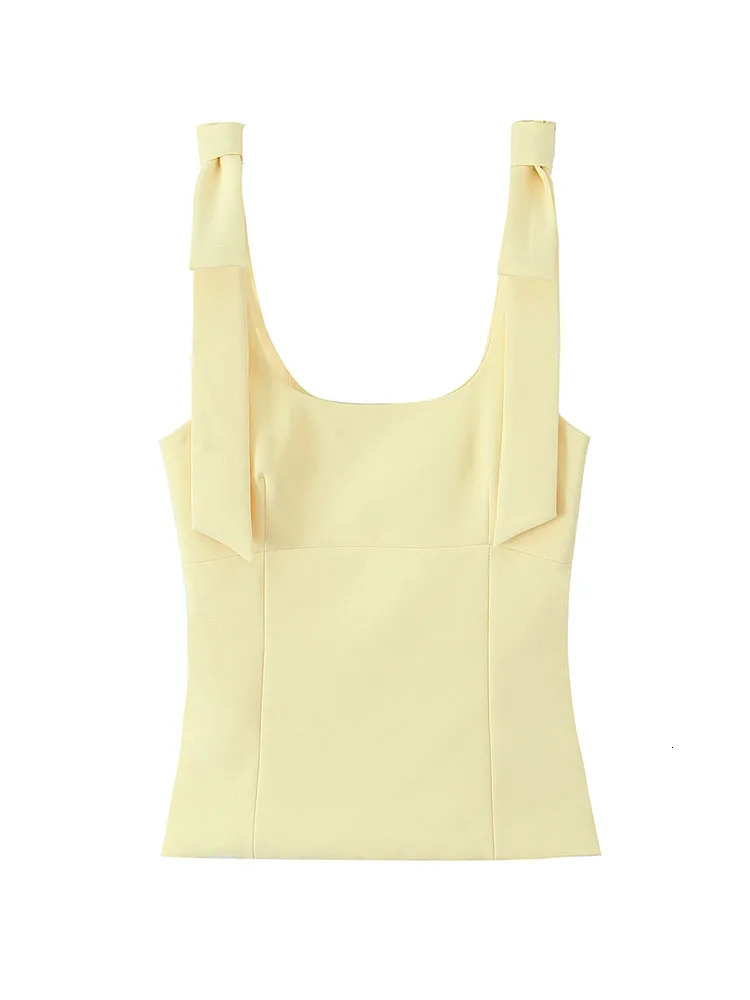TRAFZA Summer Womens Street Solid Zipper Ultra Thin Top Womens Elegant and Sexy Sleeveless Bow Square Collar Strap Top 250415