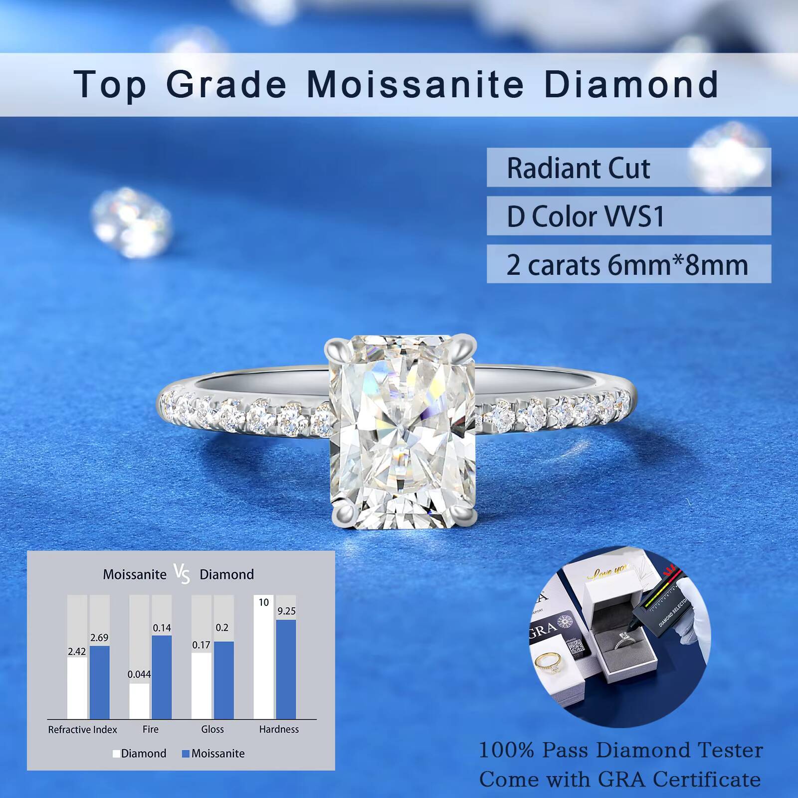 GRA Certified Moissanite Rings 925 Sterling Silver 15ct 2ct Radiant Cut Moissanite Diamond Engagement Promise Ring for Women