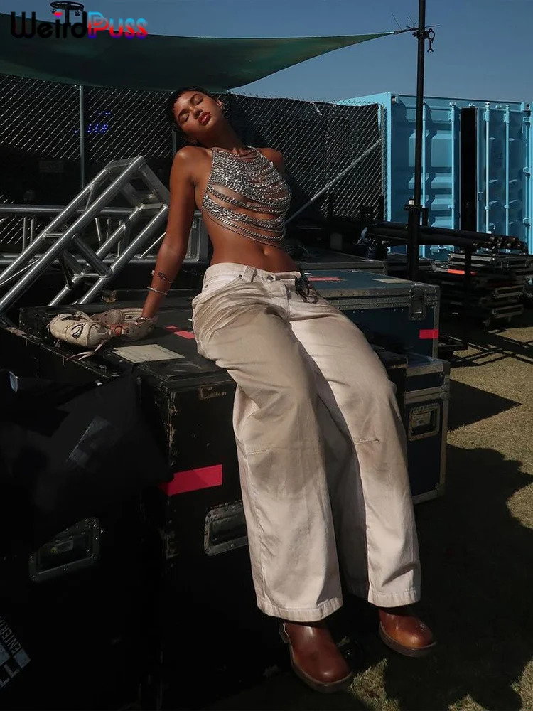 Weird Puss Hollow Chain Camisole Women Y2K Sexy Summer Coquette Backless Low-Neck Halter Midnight Clubwear Beach Vacation Vest 250415