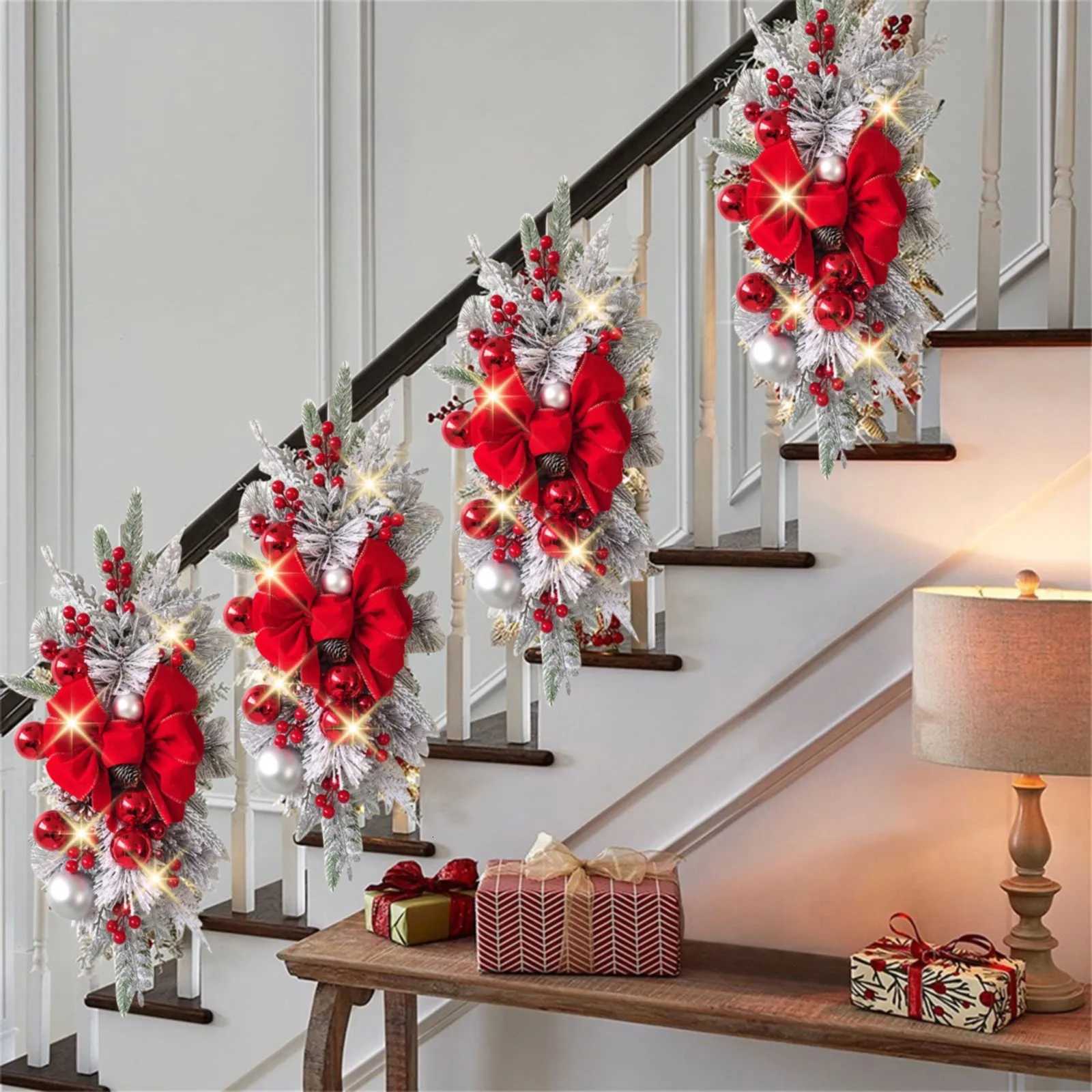 Christmas Wreath Pendants Stairway Hanging Stairs Garland Xmas Decor Window Front Door Wall Wreath for Navida Pine/Bow PendantM251115