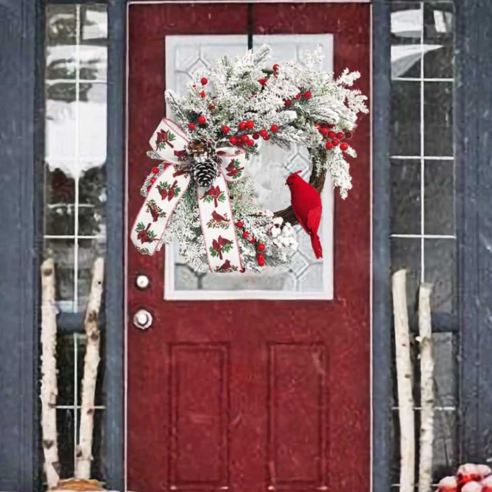 Christmas Tree Wreath Red Berry and Cardinal Bird Christmas Decoration Xmas Decor Wreath for Door Mirror Window Wall Home DecorM251115