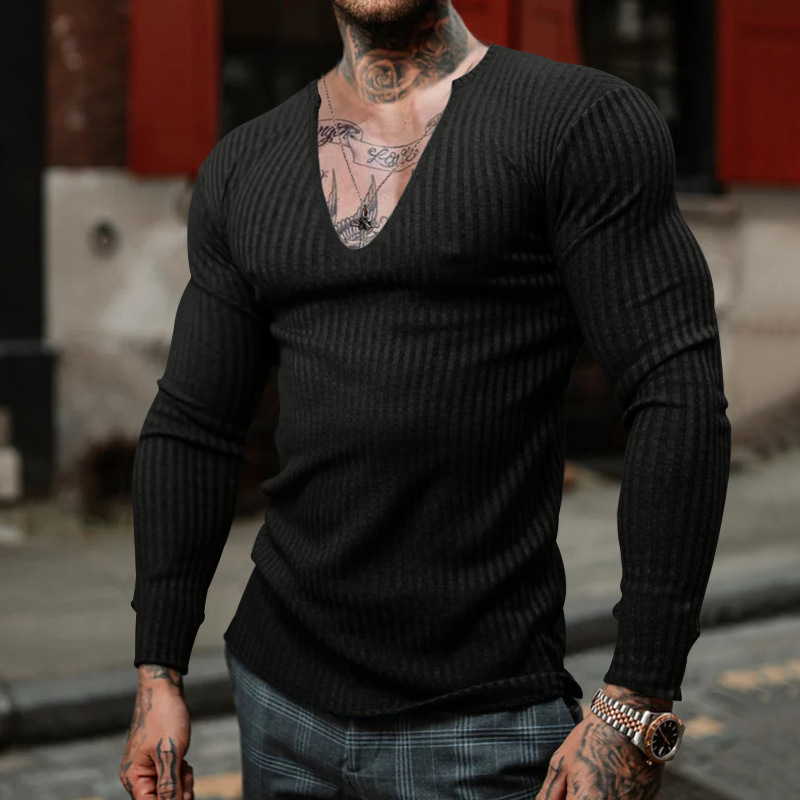 2025 Knitted Shirt Thin V-neck Personalized Trendy Versatile Men's Long Sleeve T-shirt