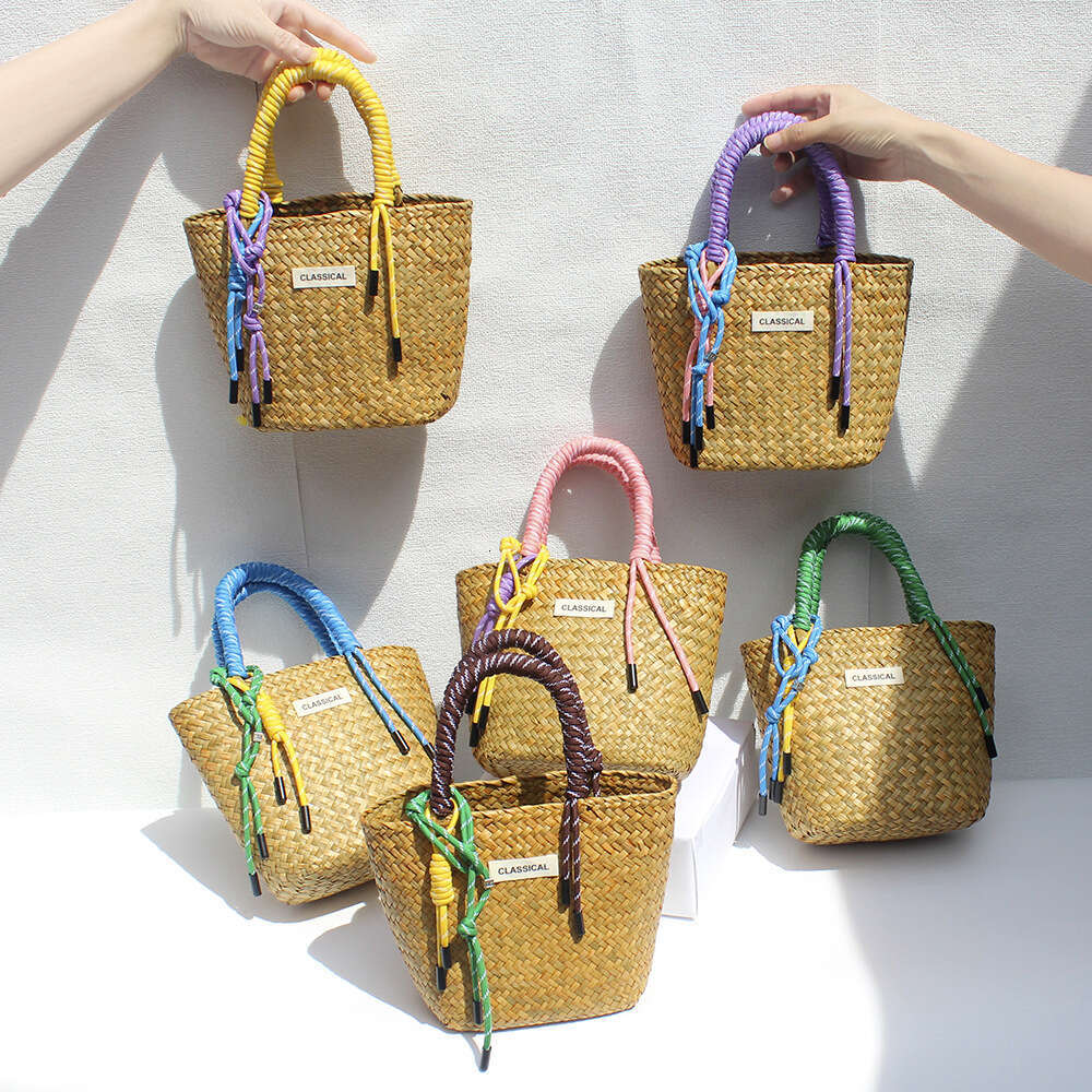 Handmade Beach Bag Straw Handbag, Nylon Hand Vegetable Basket Colorful Decorative Rope, Handmade Woven Bag, Beach Bag Kq2