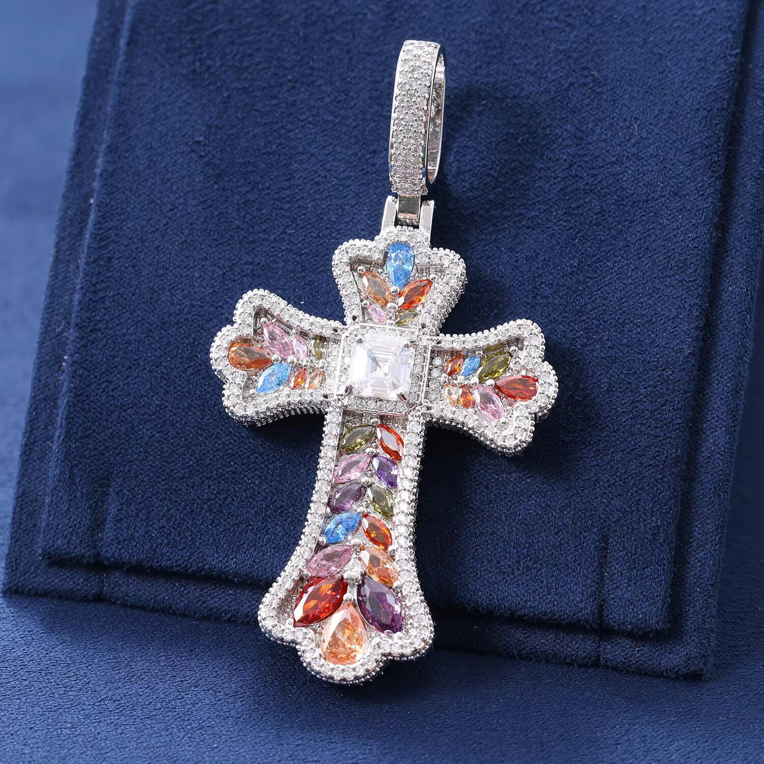 Hot Selling Colorful Cross Pendant with a Large Diamond Baguette CZ Waterproof Pendant Necklace for Gift