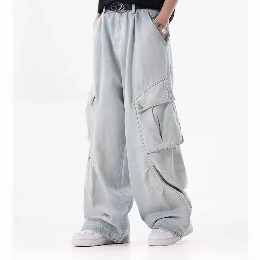 Utumn Winter Womens Cargo Jeans American Street Style Bagged Pants Blue Multi Pocket Wide Leg 250407