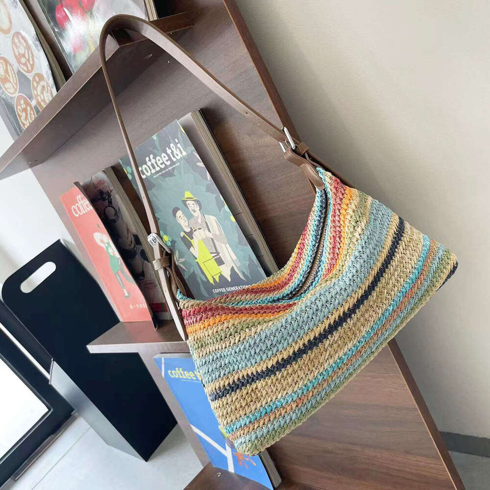 Handmade Beach Bag Summer Leisure Large Capacity Rainbow Woven 2024 New Fashionable Commuting Tote Trend Simple Shoulder Bag Kq2