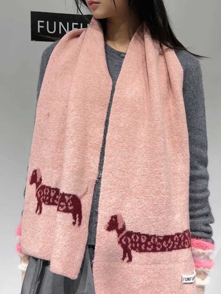Luxury UCXQ Korean Leopard Dog Pattern Scarf For Women Fuzzy Texture Quadrilateral Knit Scaves 2025 Autumn New Tide 23Z3476 Y251115