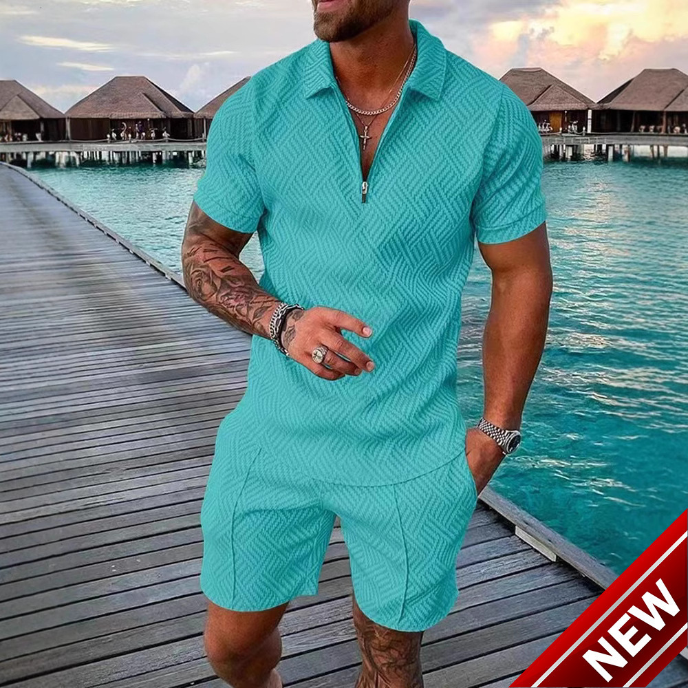 Summer fashion printed mens polo shirt set with collar and short sleeved casual two-piece set