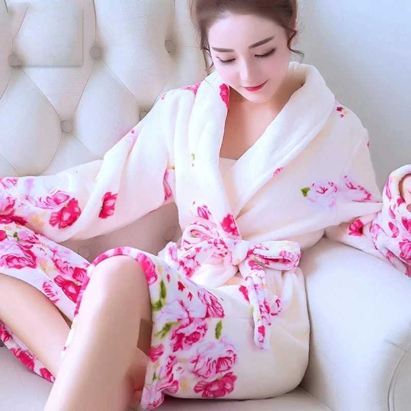 Women Winter Warm Flannel Kimono Robe Sleepwear Female Print Floral Nightdress Dressing Gown Lounge Wear Hotel Bathrobe C251115