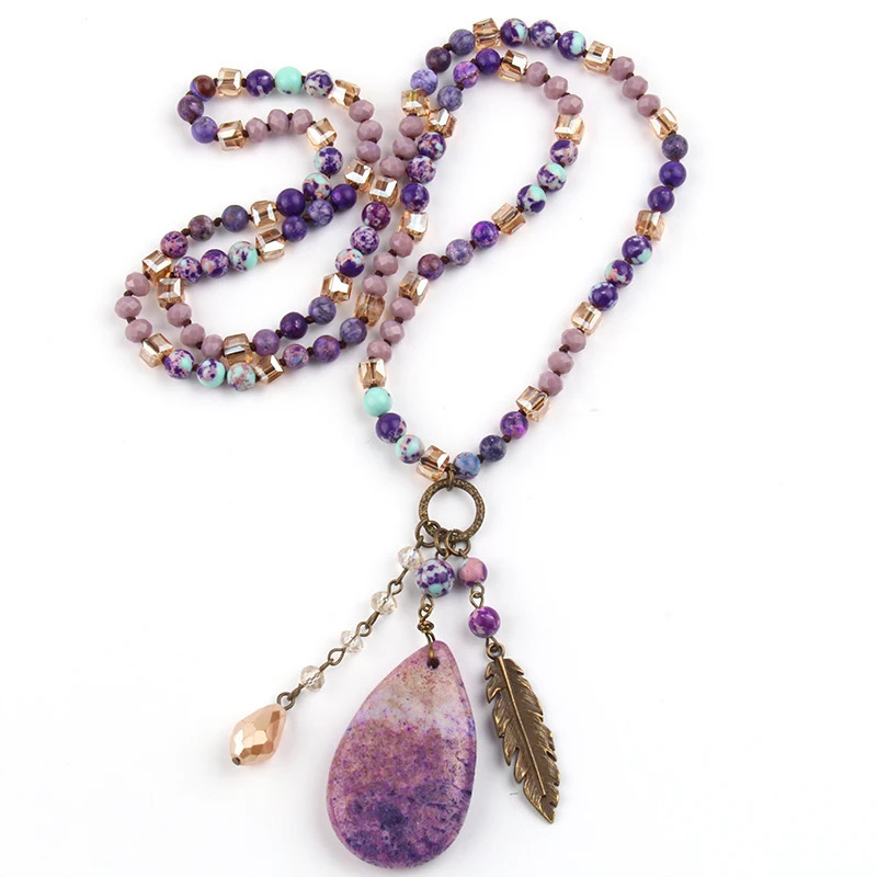 Fashionable Bohemian jewelry accessories with over 6mm glass/stone knot featuring a stone Dorp pendant necklace suitable as a gift for women 250409