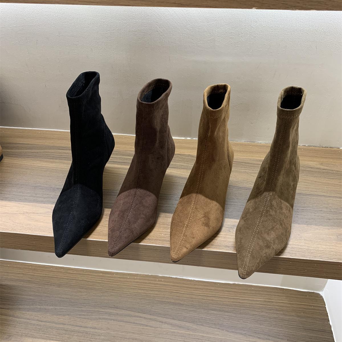 High Heel Pointed Toe Suede Khaki Slim Short Women's Shoes 2025 New Spring and Autumn Single Korean Style Small Bare Boots - view 3