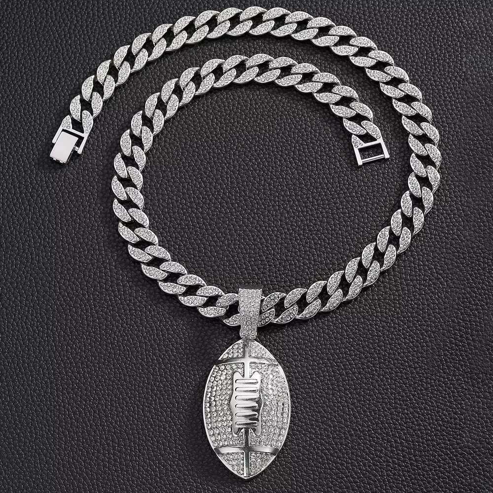 DHcollections Men's Hip Hop 15mm Miami Chain With Alloy And Rhie Dias Rugby Pendant Necklace