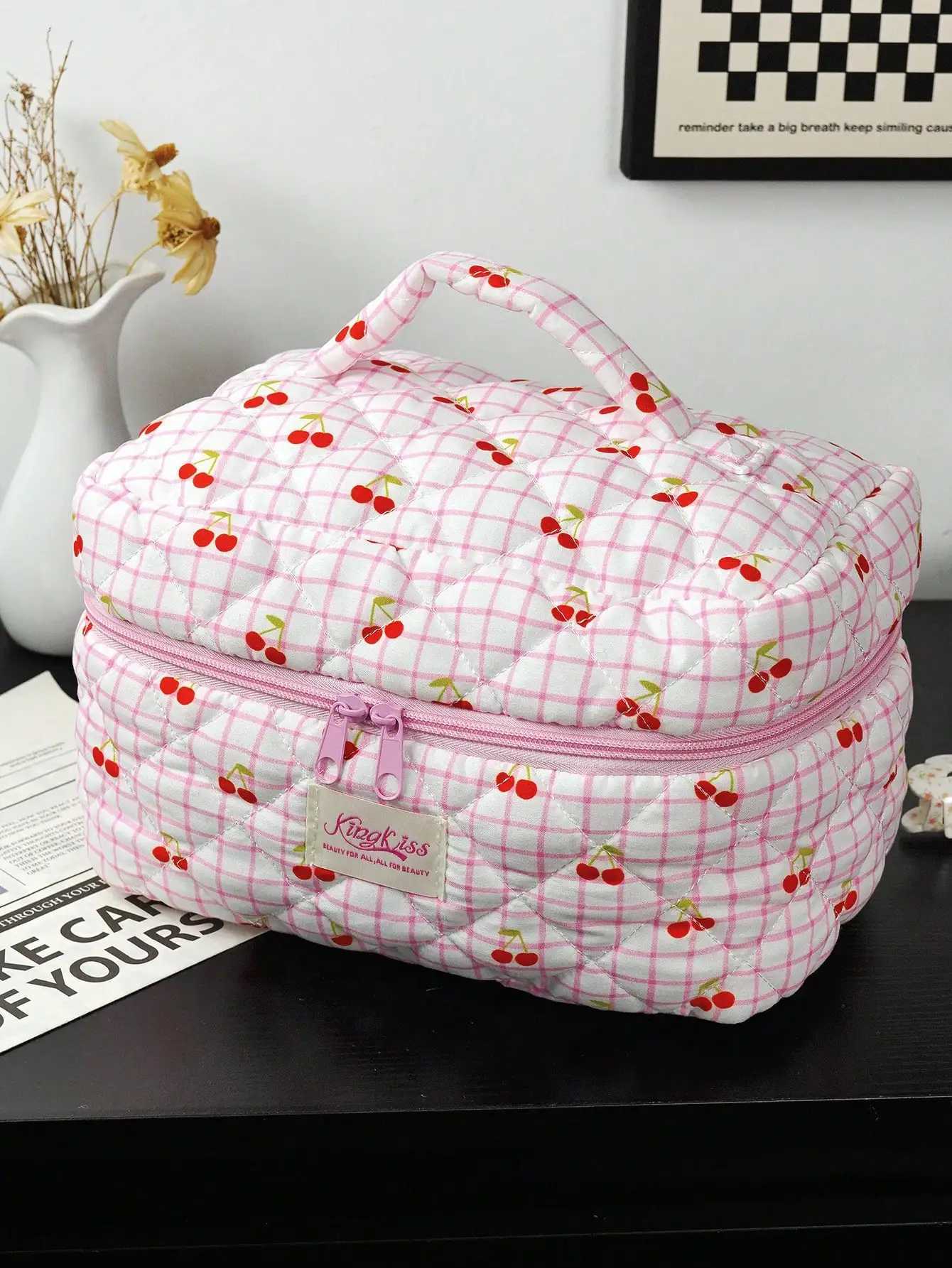 1 piece/set cherry printed zipper makeup bag cute floral makeup bag Y2K Ahetic portable toilet bag makeup storage bagXJ250415