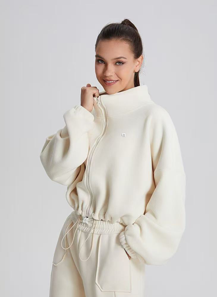 Yoga set Sweatshirts Cropped Full Zip Jackets Slightly Puffy Sherpa Coats Polar Fleece Wintry Mix Jacket Slouchy Mock Neck Sweater Silver 3D logo A-52652 workout sets