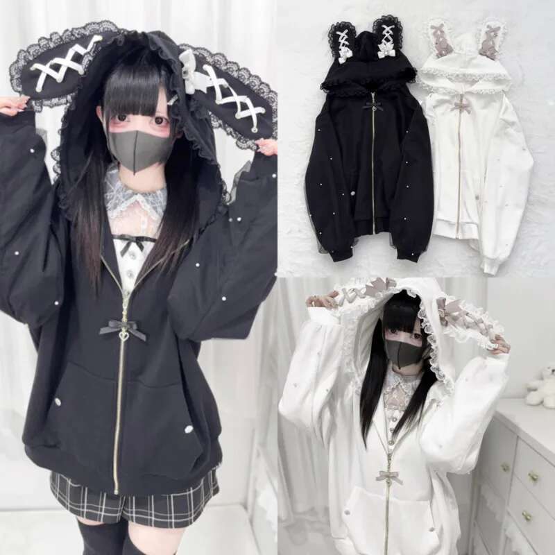 Bunny Hoodies Y2k Rabbit Ear Hoodie Lolita Jacket Bow Girls Pearl JK Japan Lace Kawaii Zipper Cardigan Long Sleeved Top