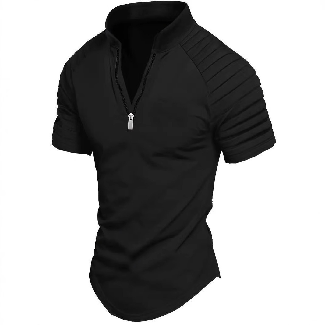 Summer fashion casual mens short sleeved polo shirt zipper pleated mens sports polo shirt
