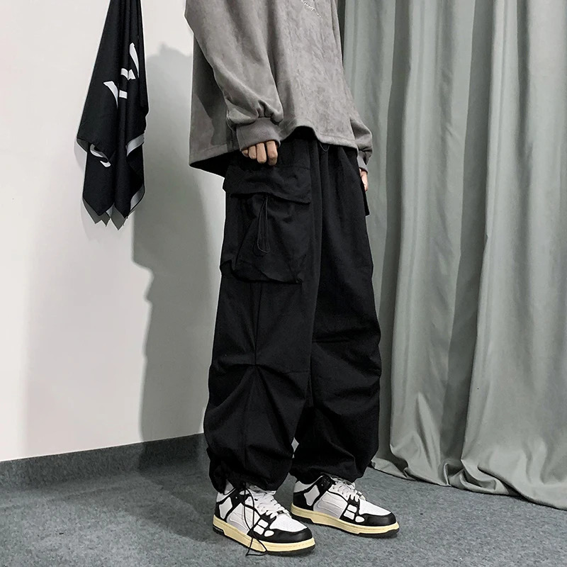 2023 SpringSummer Fashion Goods Mens Solid Color Elastic Waist Wide Leg Casual Pants Large Pocket 250407
