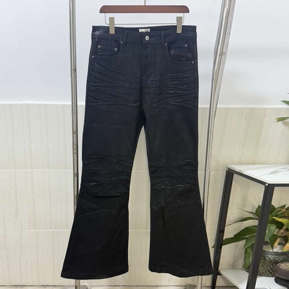 Niche Design Vinyl Coated Crease Texture High Elasticity Fit Traig Flare Pants Tide Men's Denim Trousers 2025 New