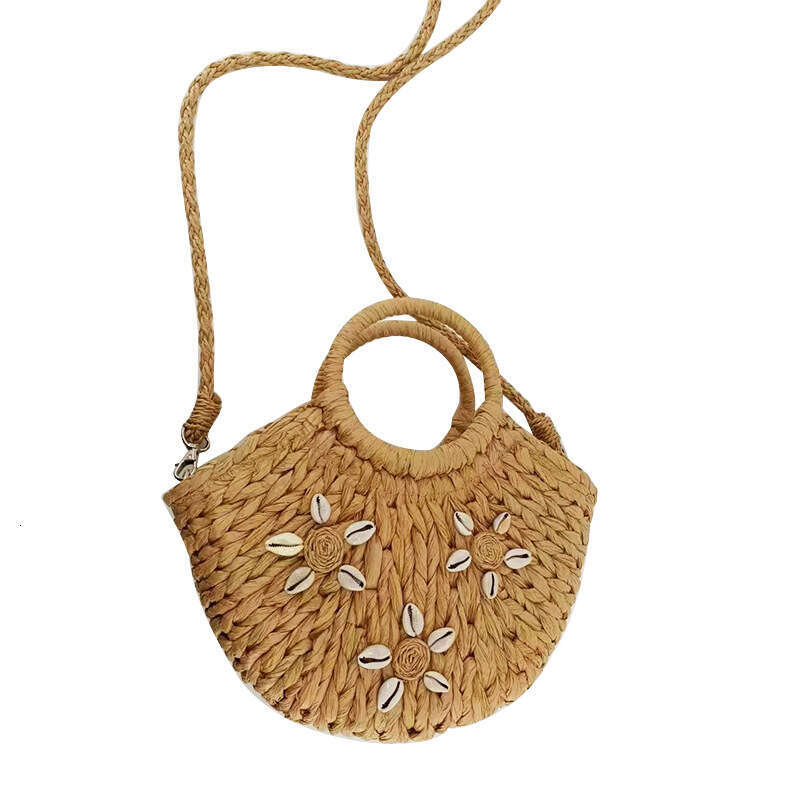 Handmade Beach Bag 2025 New Shoulder Straw Handheld Half Round Shell Handmade Woven For Women's Vacation Beach Bag Kq2