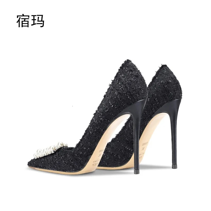 Square buckle rhinestone pearl black woven high heels for women 2025 pointed thin heel versatile and sexy single heel shoes 251111 - view 3