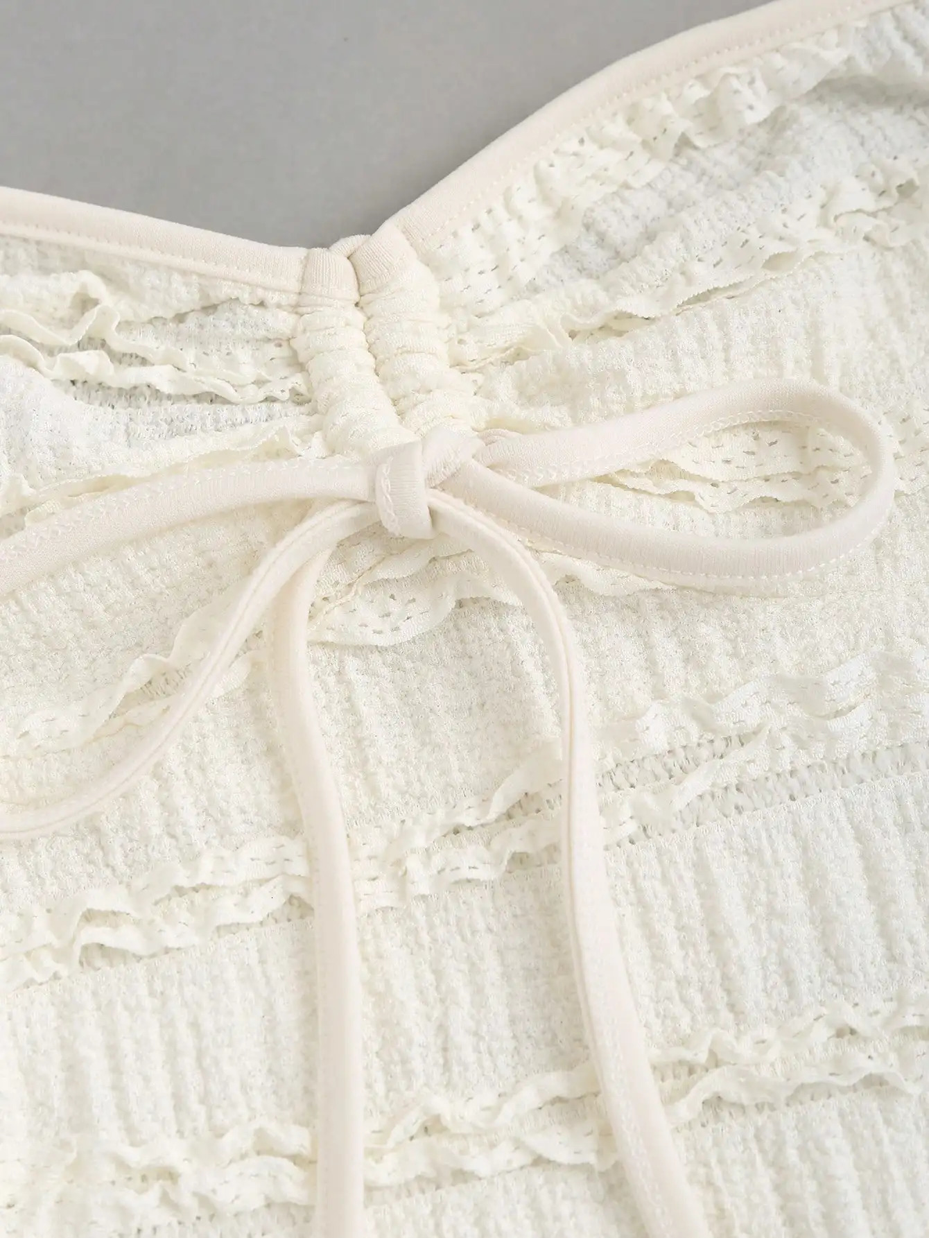 Womens Summer Fashion Casual Almond Brushed Collar Knitted Lace Texture Short Pendant Top 250414Z