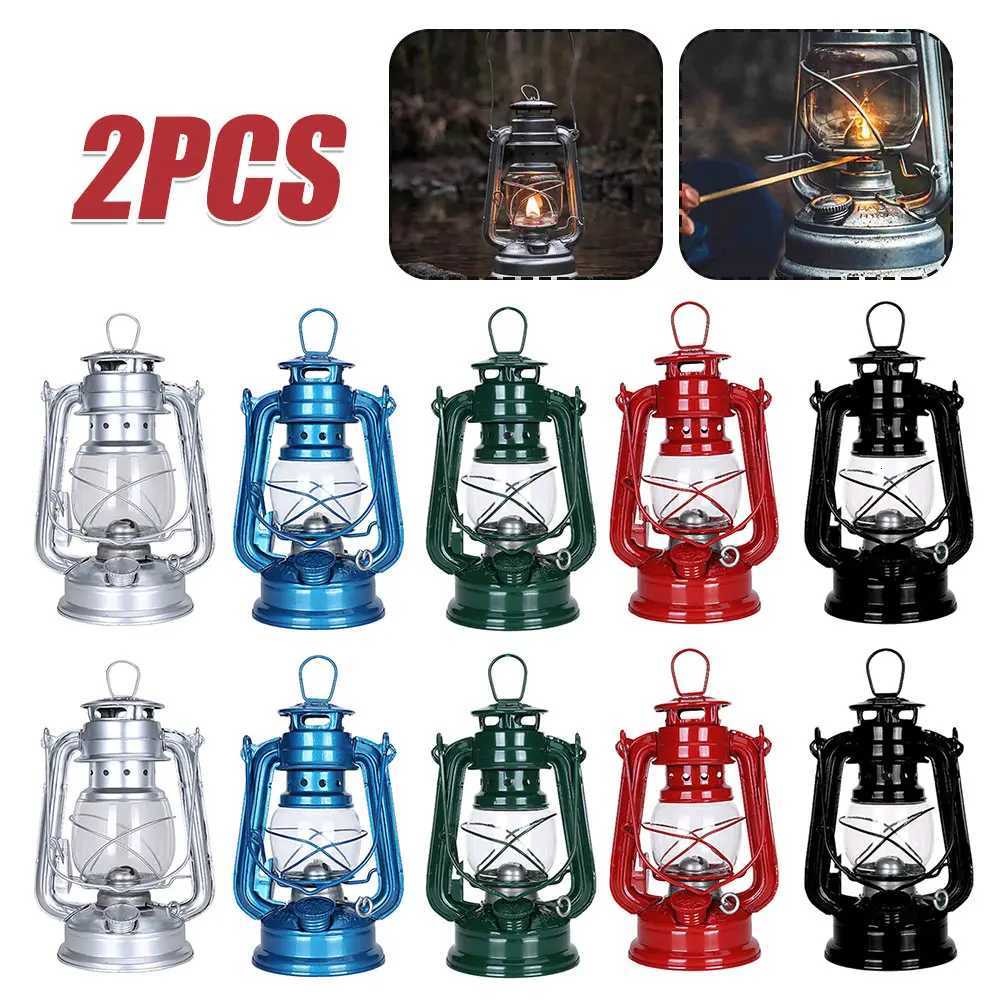 2-1pcs Retro Fuel Camping Lanterns Portable Metal Kerosene Vintage Camp Lamp Hurricane Table Lamps with Handle Yard Tent Light M251115