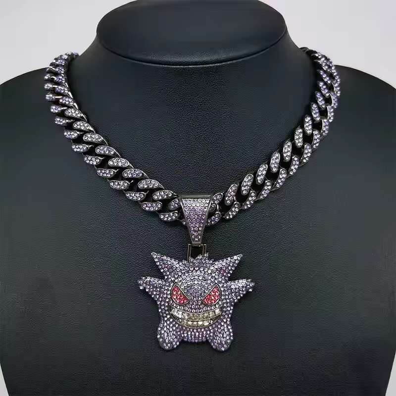 DHCollections Iced Out Pendant Necklace for Men Hip Hop Cuban Link Chain with Bling Ghost Anime Charm Silver Color 18 Inch Rapper Jewellery 1 Piece