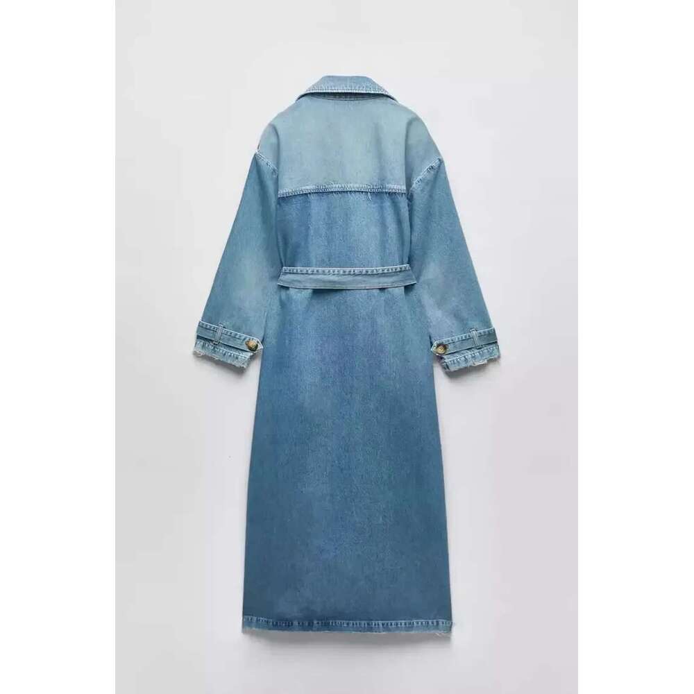Europe And The United States Autumn New Fashion Street Personality Double Breasted Lapel Casual Long Denim Coat With Belt Women