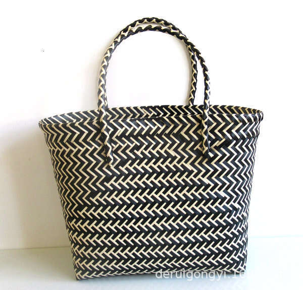 Handmade Beach Bag New Plastic Strapping, Woven Hand-Held Vegetable Basket Striped Color Blocked Beach Bag, Fashionable Women's Bag Kq2