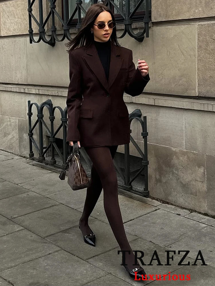 TRAFZA Chic Casual Solid Women Suit Pockets Button Blazer Straight Loose Pants Zipper Skirt Fashion 2025 Spring Summer Sets 250410