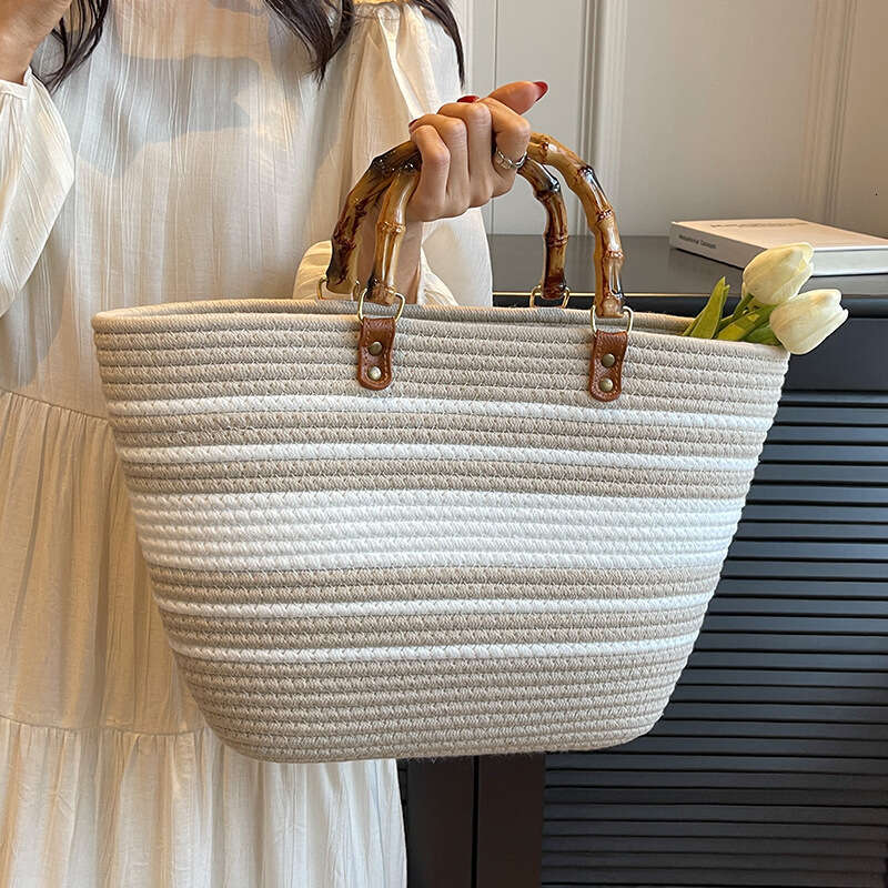 Handmade Beach Bag Striped High-Capacity Cotton Thread New Imitation Bamboo Joint French Grass Woven Portable Beach Bag, Women's Bag Kq2