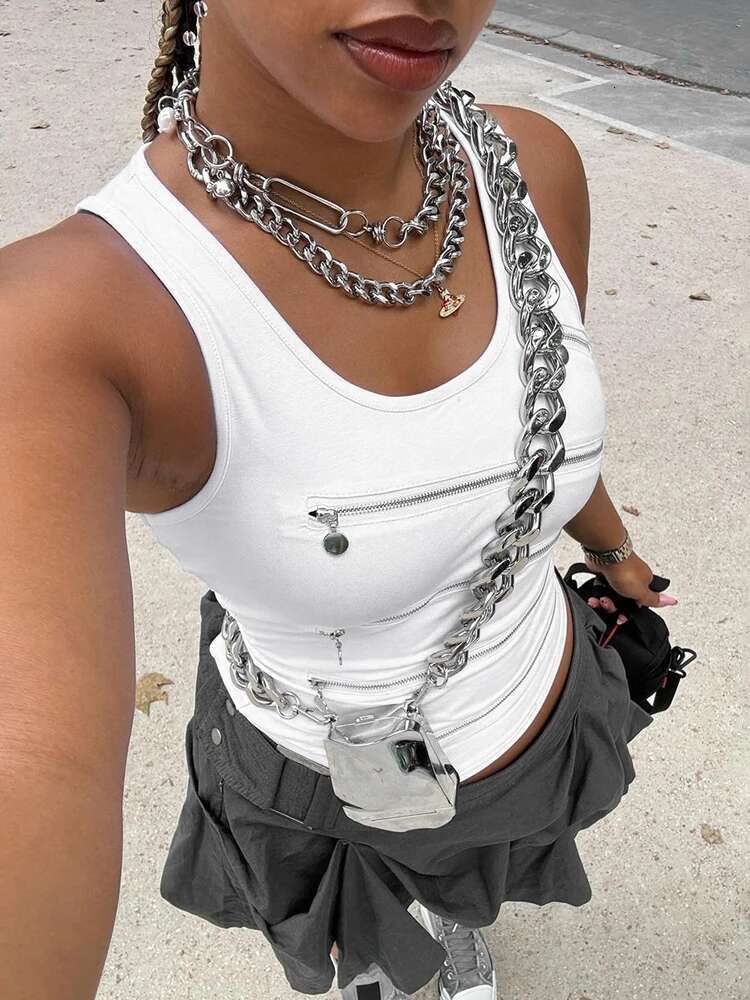 Weird Puss Zipper Patchwork Vest Women Hollow Irregular Square Collar Solid Hottie Coquettish Sexy Trend Streetwear Tank Tops