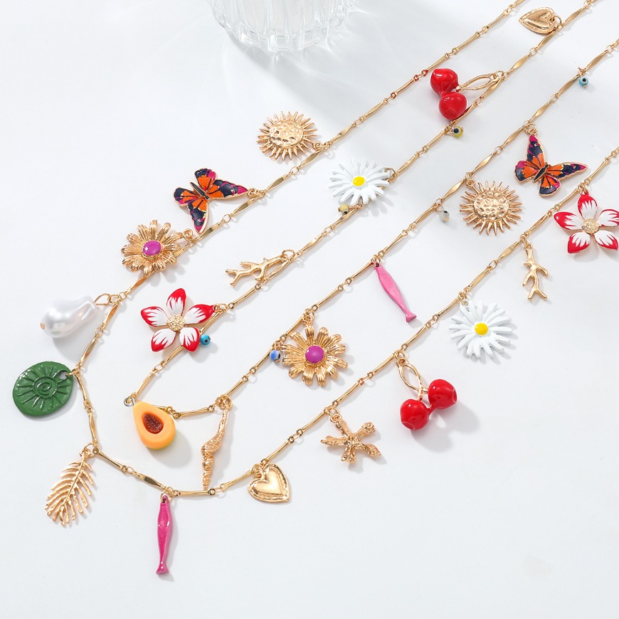 Exquisite Fish Leaf Love Flower Butterfly Cherry Pendant Autumn Sweater Chains Charm Girls Necklace Accessories