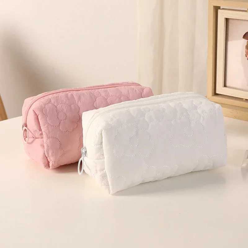 Womens pink and white cotton embroidered pillow makeup bag large capacity makeup organizer bag portable travel storage bagXJ250415