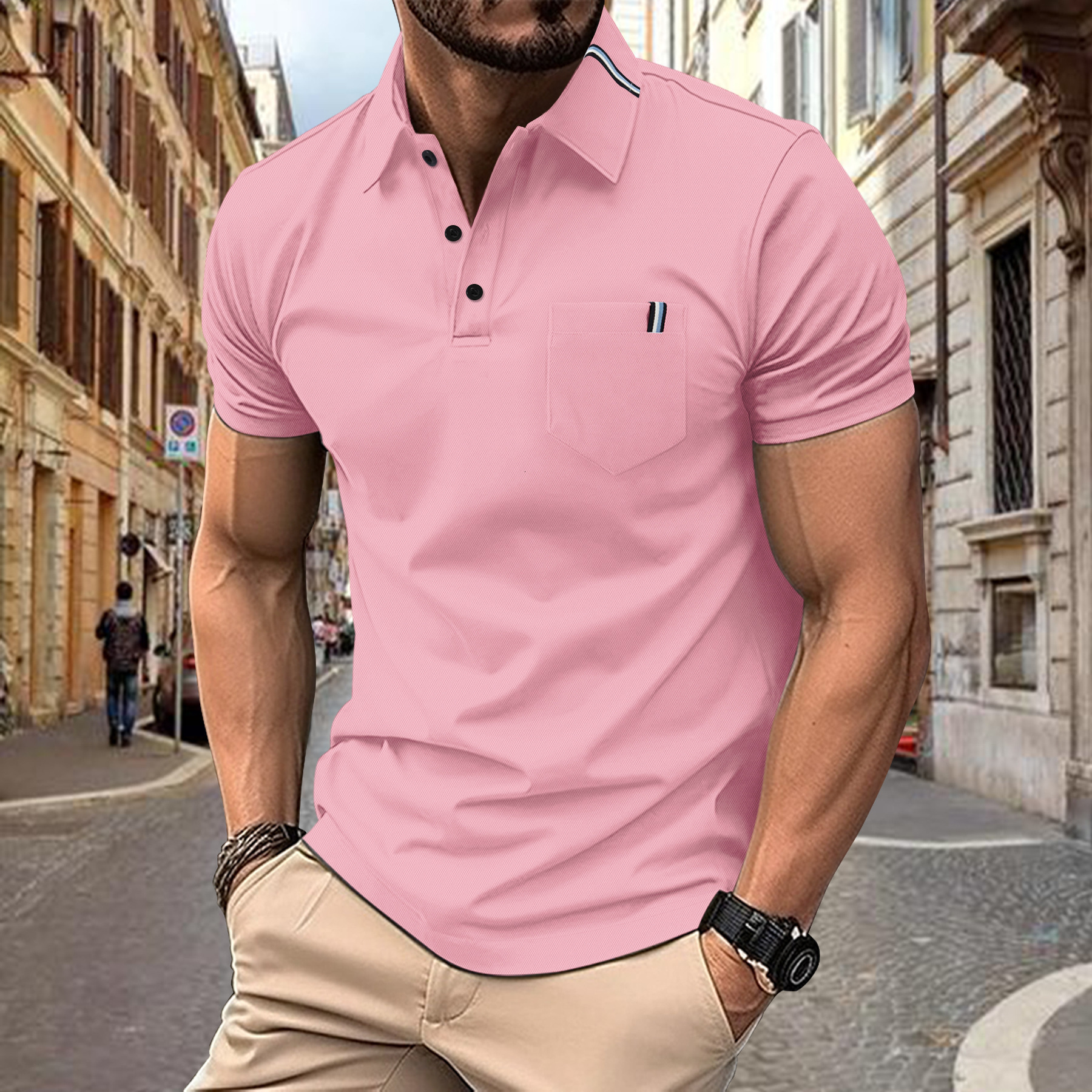 Summer new mens polo shirt casual sports solid color spliced ribbon lapel short sleeved top