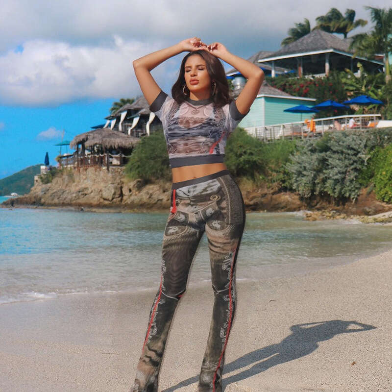 Women's Wear New Spring Women's Personalized Street Round Neck Short Sleeve Fashion Printed Tight Horn Pants Set