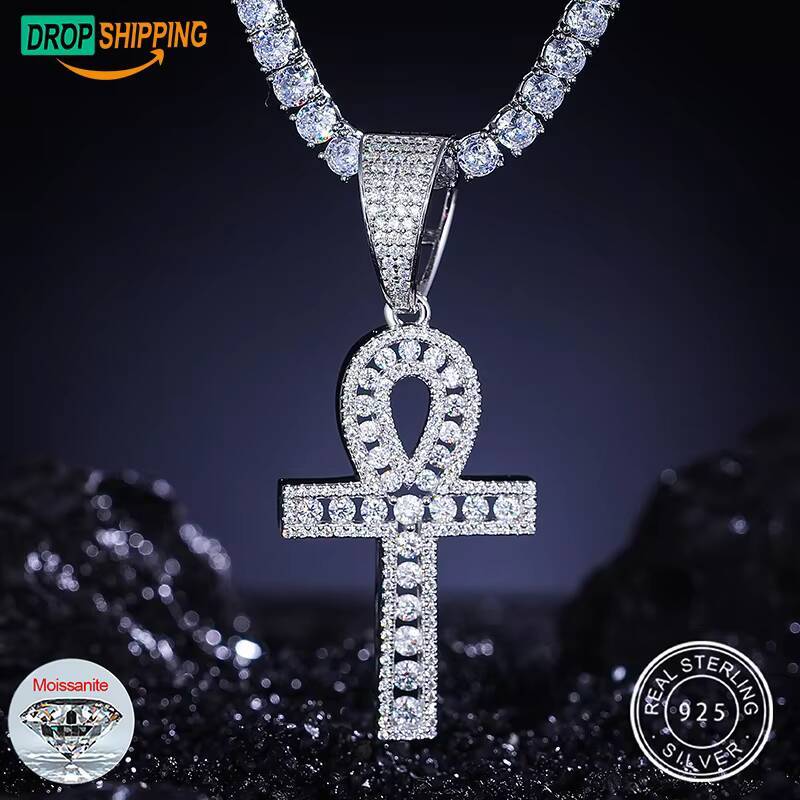 Dropshipping Religious Jewelry Bling 925 Sterling Silver VVS Moissanite Diamond Iced Out Ankh Cross Pendant With GRA Certificate