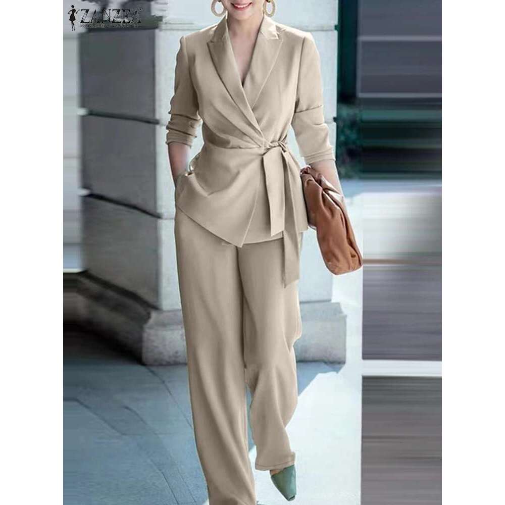 ZANZEA Classy Office Lady Blazer Suits Elegant Women Tied Waist Top And 2Pcs Outfit 2025 Trend Streetwear Commute Pant Sets