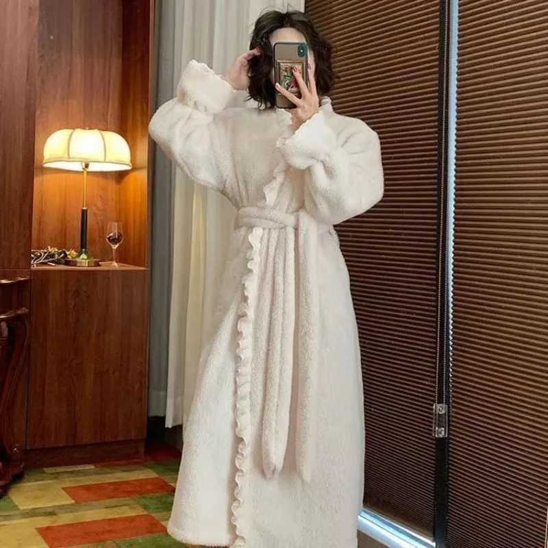 Belt Robe for Women Sleepwear Winter Nightdress Night Wears Warm Fleece Pajama One Piece Nightgown Hooded Sleeping Homewear New C251115