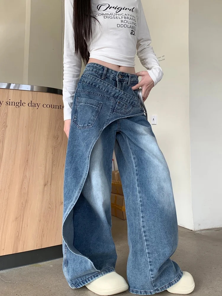 Garbage Y2K 2000S washed blue pocket stacked jeans 90s retro ner clothing wide leg womens Trouser Ropa De Mujer 250414