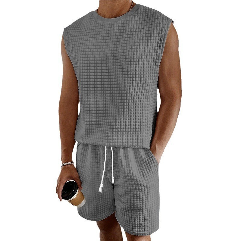 2025 New Men's Sports Summer Casual Small Checkered Sleeveless Tank Top Shorts Set