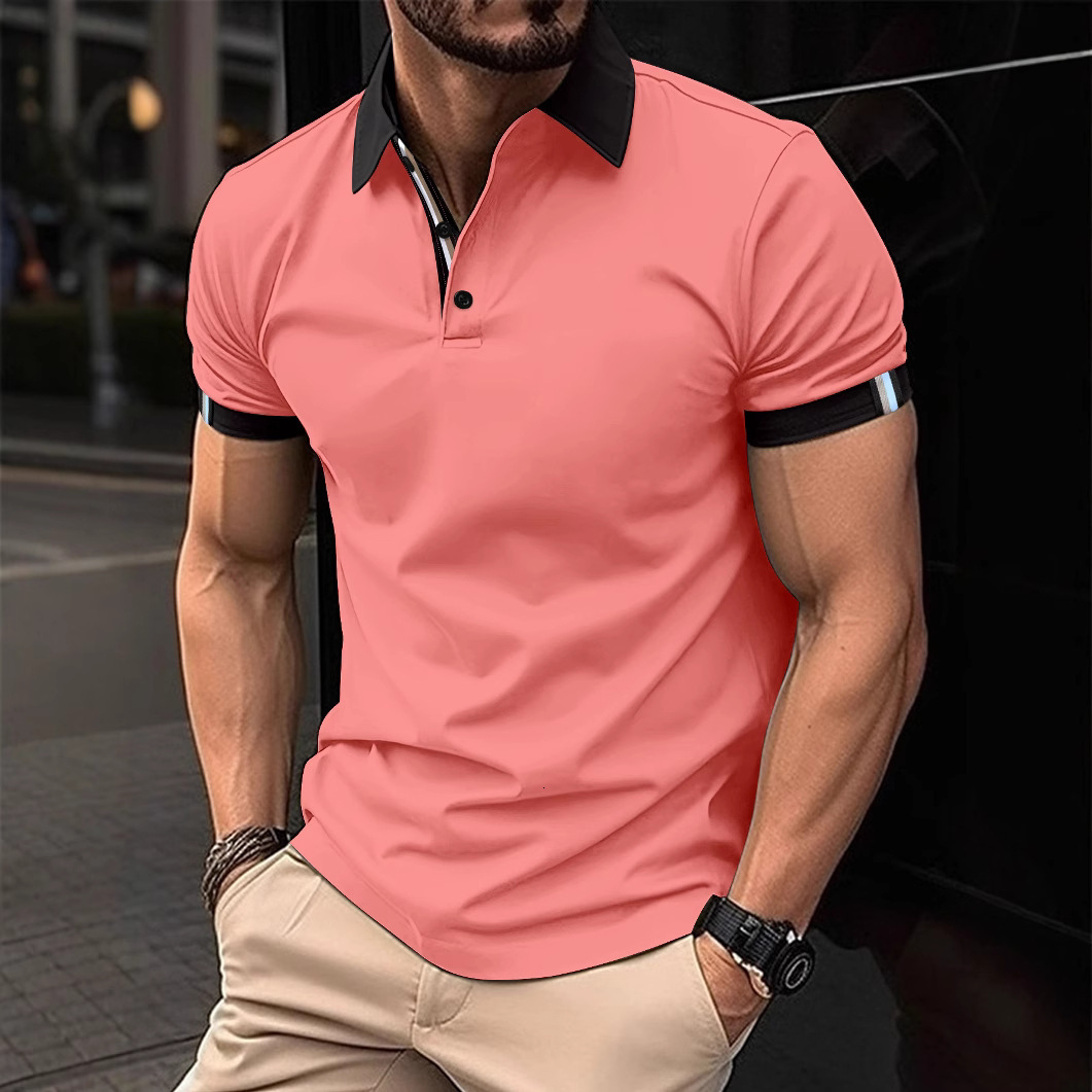 New Summer Mens Casual Collar Button Business Polo Shirt Solid Color Short Sleeve T-shirt
