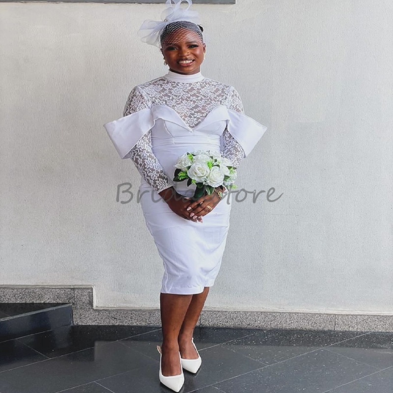 Minimalist Black Girls Short Wedding Dress With Lace Long Sleeve Nigeria African Knee Length Bride Dress Boho Civil Bridal Dress 2025 Vestio De Novias