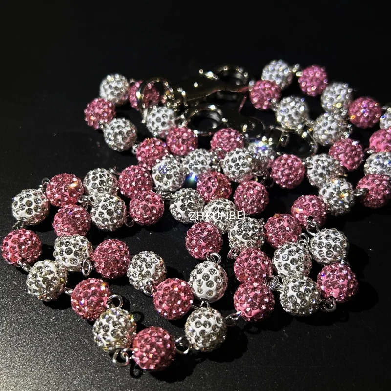 1pc Hip Hop Jewelry Wallet Chain 10mm Pink White Disco Rhinestone Beads Pendant Bag Pocket Pants Jeans Chain 250414
