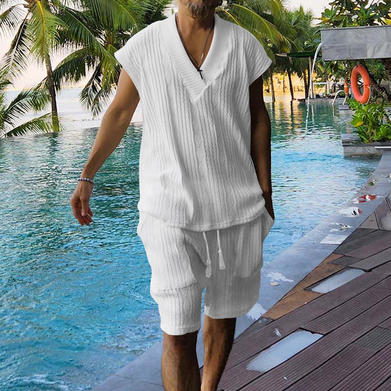 casual jacquard knit for men's summer loose oversized sleeveless T-shirt and shorts set