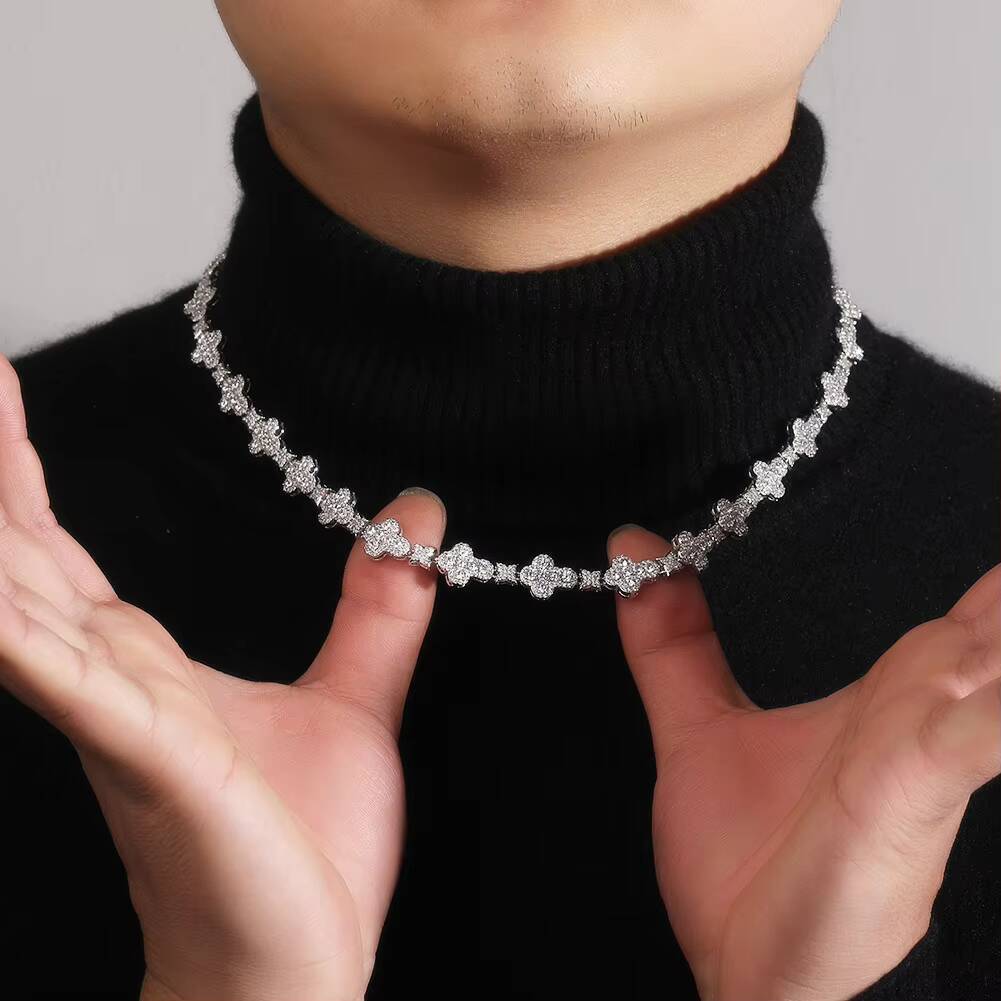 Stylish New Arrival Fashion Femme Design 925 Silver VVS Moissanite Diamond Iced Out Four Leaf Clover Cross Tennis Chain Bracelet