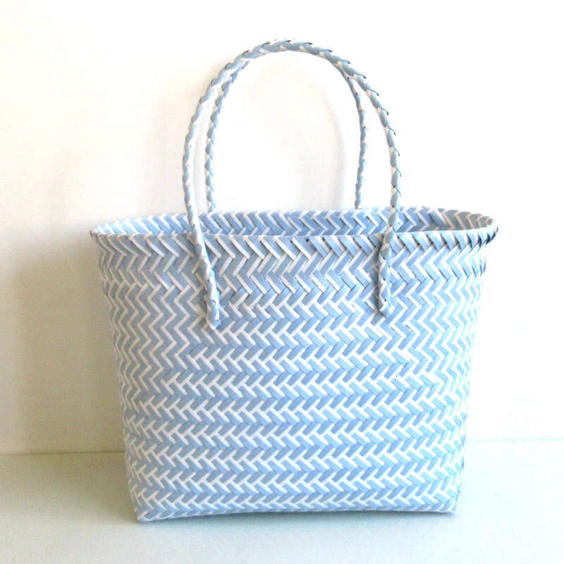 Handmade Beach Bag New Plastic Strapping, Woven Hand-Held Vegetable Basket Striped Color Blocked Beach Bag, Fashionable Women's Bag Kq2